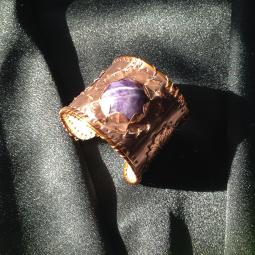 Bracelet cabochon améthyste-cuivre naturel, cuivre verni, améthyste-Vendu