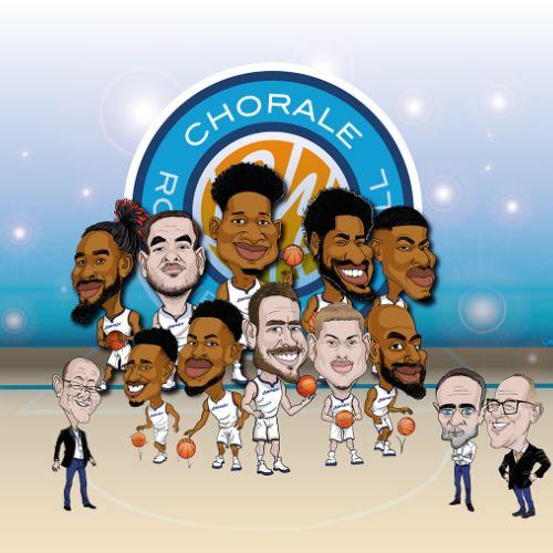 Backdrop réalisée pour la chorale de roanne en format numérique avec caricatures de l'equipe