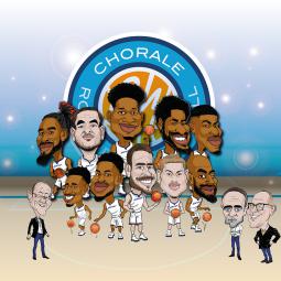 Backdrop réalisée pour la chorale de roanne en format numérique avec caricatures de l'equipe
